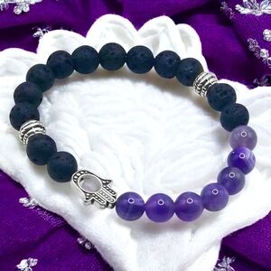 🆕️Hamsa Volcanic Lava Rock & Amethyst Stretch Bracelet + Bonus Boho Earrings 💜
